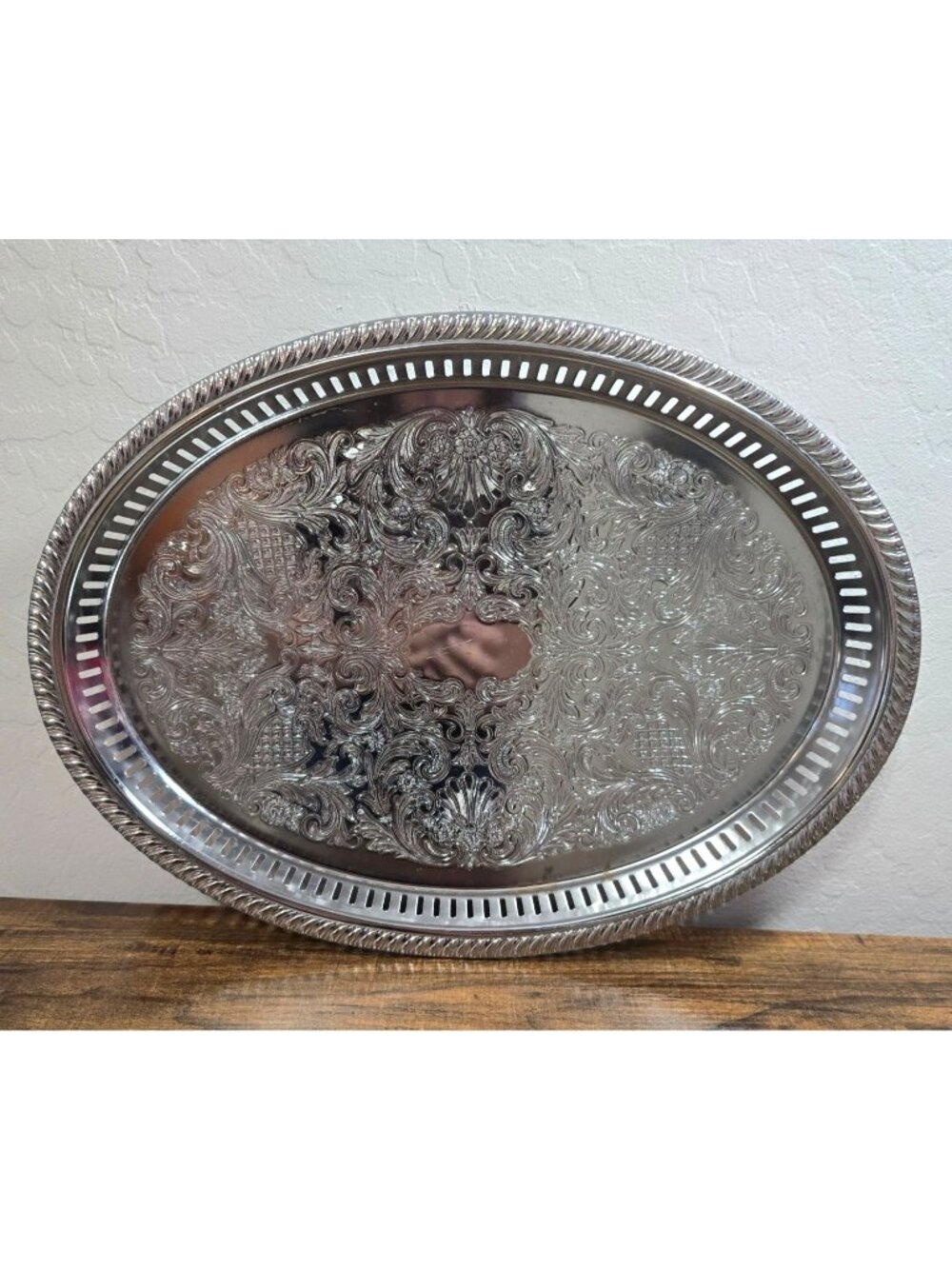 Vintage Irvinware Silver Oval Serving Tray Etched Design & Reticulated 16" Long